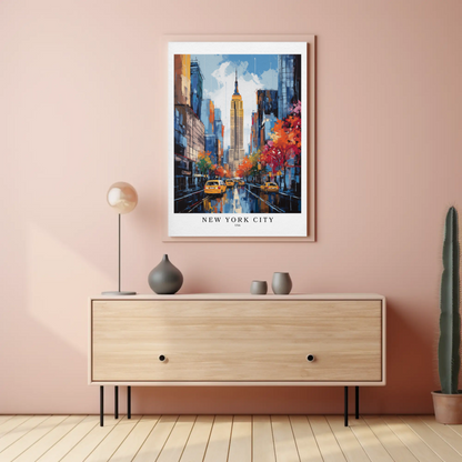 New York City Fall Taxis Empire State Building Travel Poster