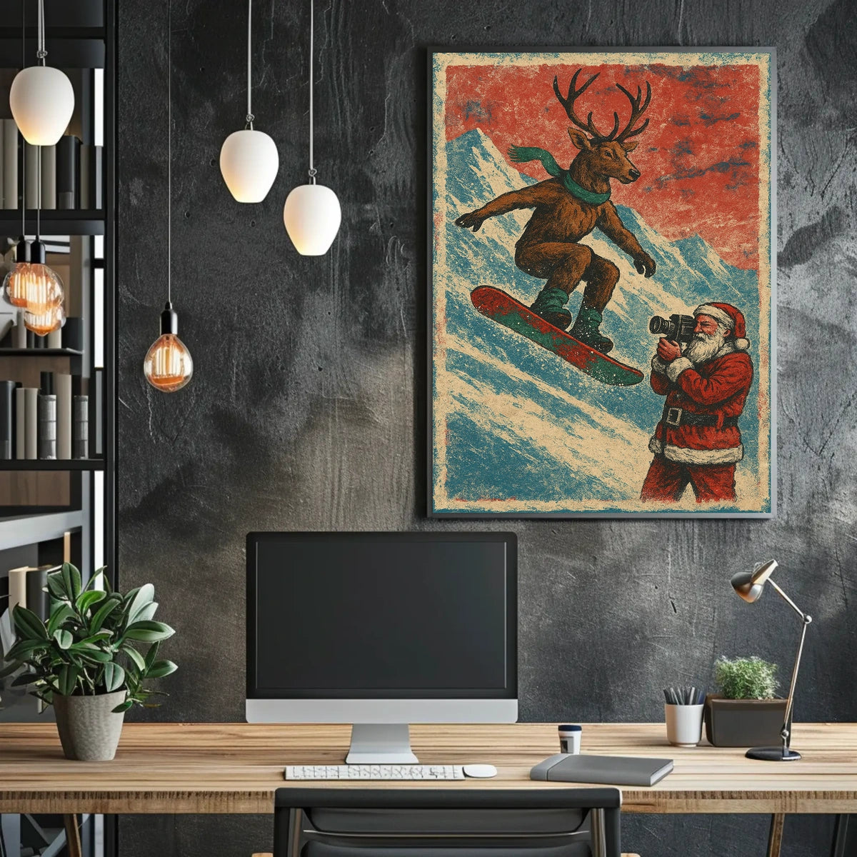 Whimsical Reindeer Snowboarding Vintage Christmas Poster