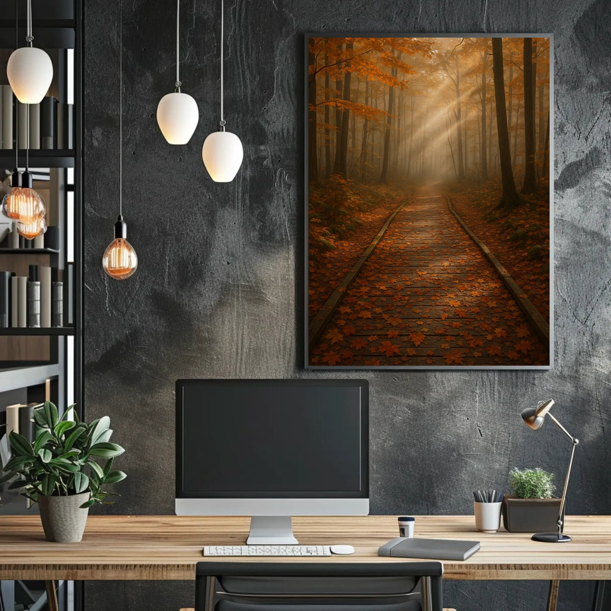 Serene Autumn Forest Pathway Photorealistic Tranquil Canopy Sunlit Woodland Foliage Golden Poster