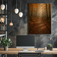 Serene Autumn Forest Pathway Photorealistic Tranquil Canopy Sunlit Woodland Foliage Golden Poster