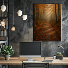 Serene Autumn Forest Pathway Photorealistic Tranquil Canopy Sunlit Woodland Foliage Golden Poster
