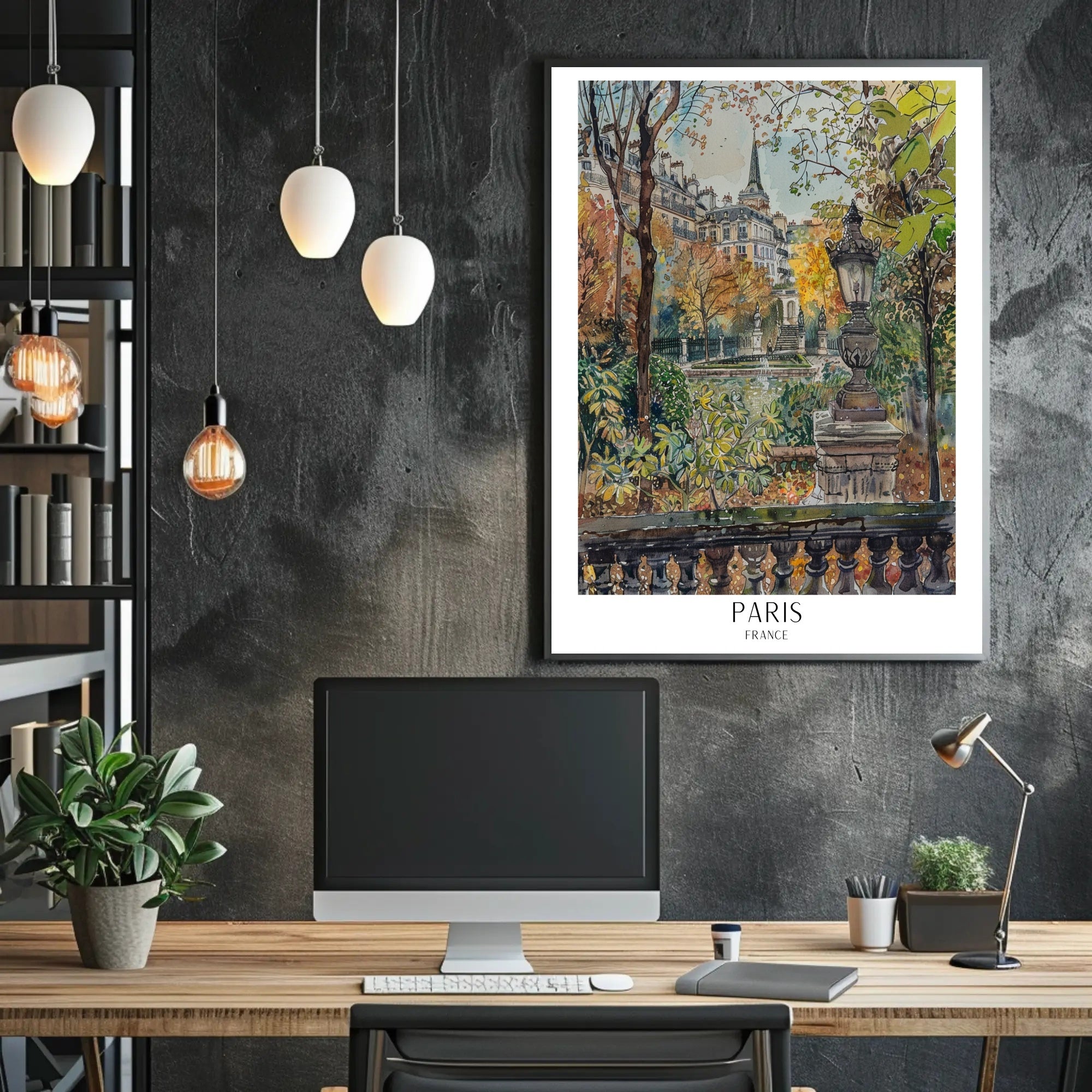 Parisian Autumn Elegance Watercolor in Urban or Cityscape Poster PosterGoat