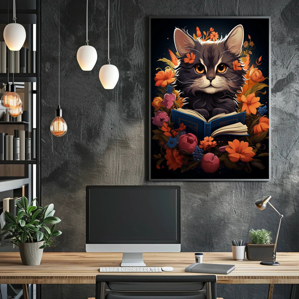Whimsical Cat Portrait with Vibrant Floral Accents