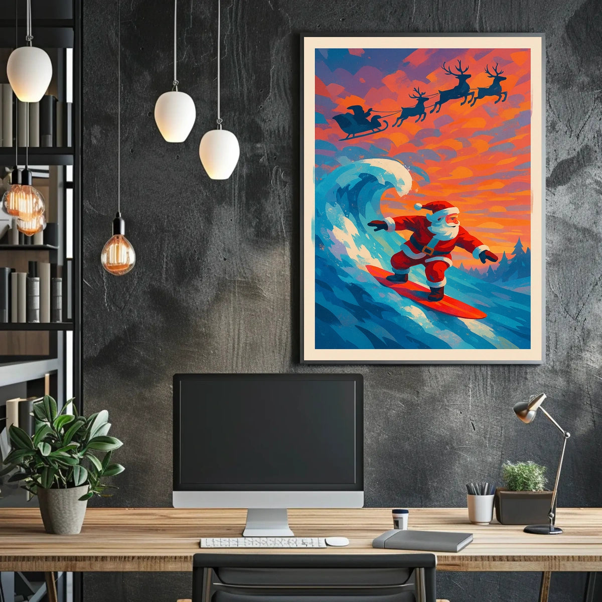 Santa Surfing Christmas Poster: Beach Meets Holiday Cheer