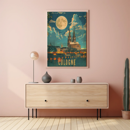 Cologne Cathedral Moonlight River Reflection Travel Poster