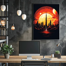 Futuristic Cityscape at Sunset Poster