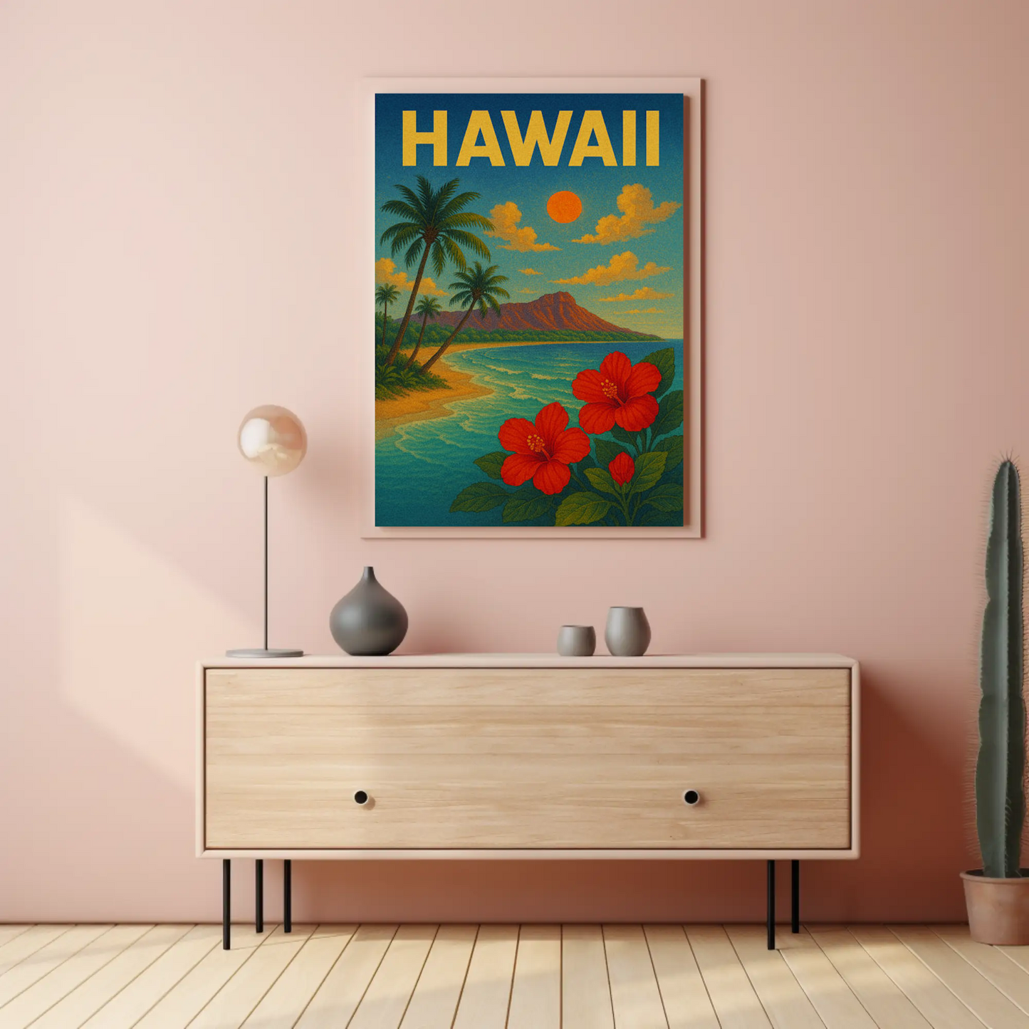 Hawaii Sunset Coastline Hibiscus Beach Travel Poster