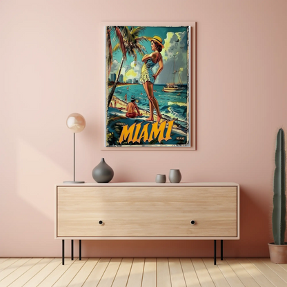 Miami Vintage Beach Scene Palm Trees Skyline Travel Poster