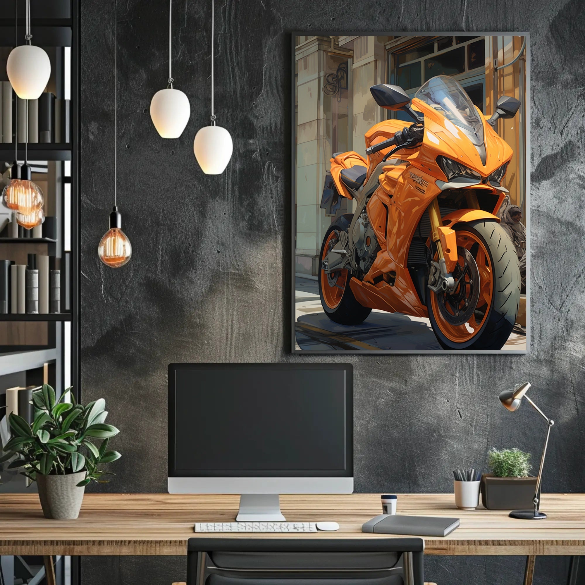 Vibrant Orange Motorcycle Poster PosterGoat