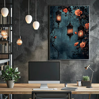 The poster displays a gothic and romantic theme. Three ornately designed lanterns emit Travel Poster