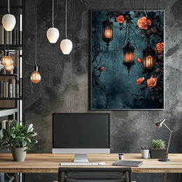 The poster displays a gothic and romantic theme. Three ornately designed lanterns emit Travel Poster