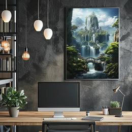 Mythical City in Enchanting Mountains Futuristic Sci-Fi Poster