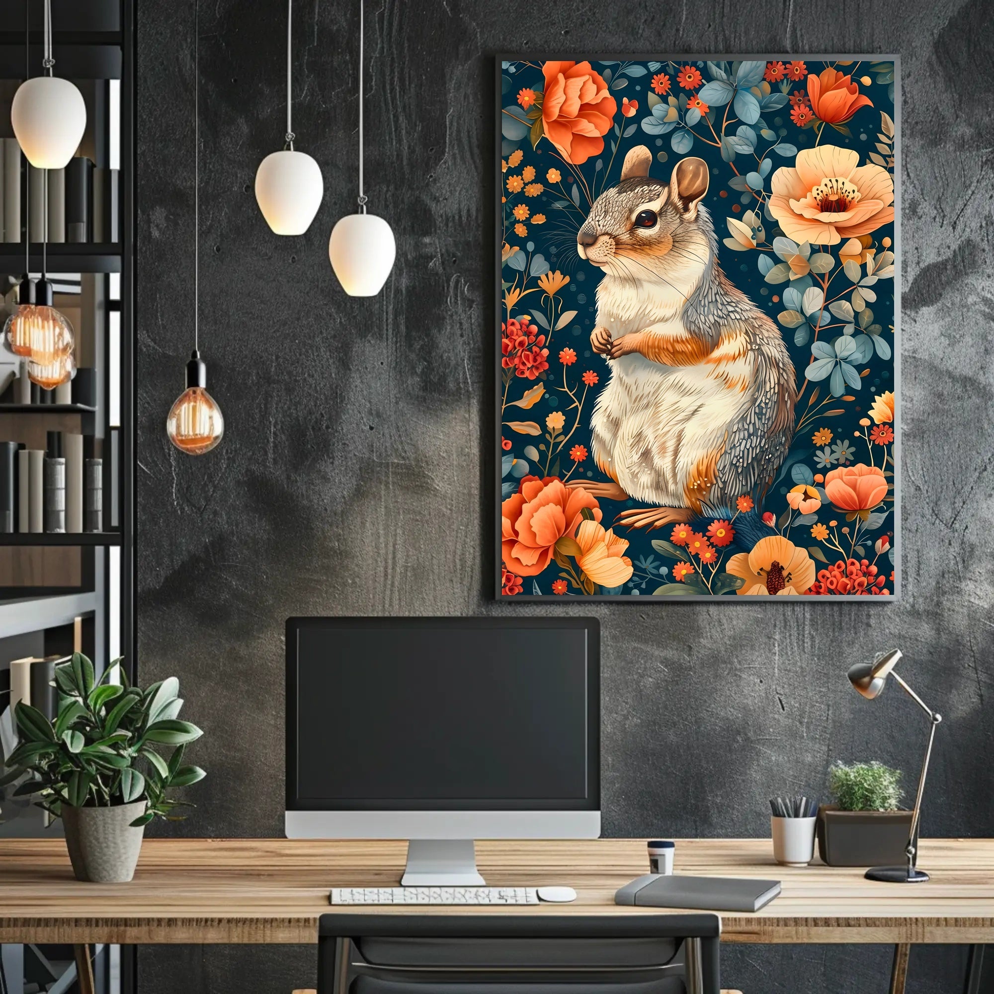 Whimsical Squirrel and Flowers Vibrant Animal Poster