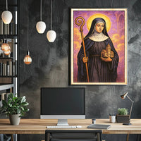 Saintly Figure with Church Model Poster PosterGoat