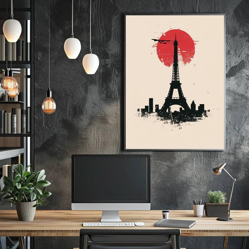 The poster features a stylized depiction of the Eiffel Tower in silhouette against Travel Poster
