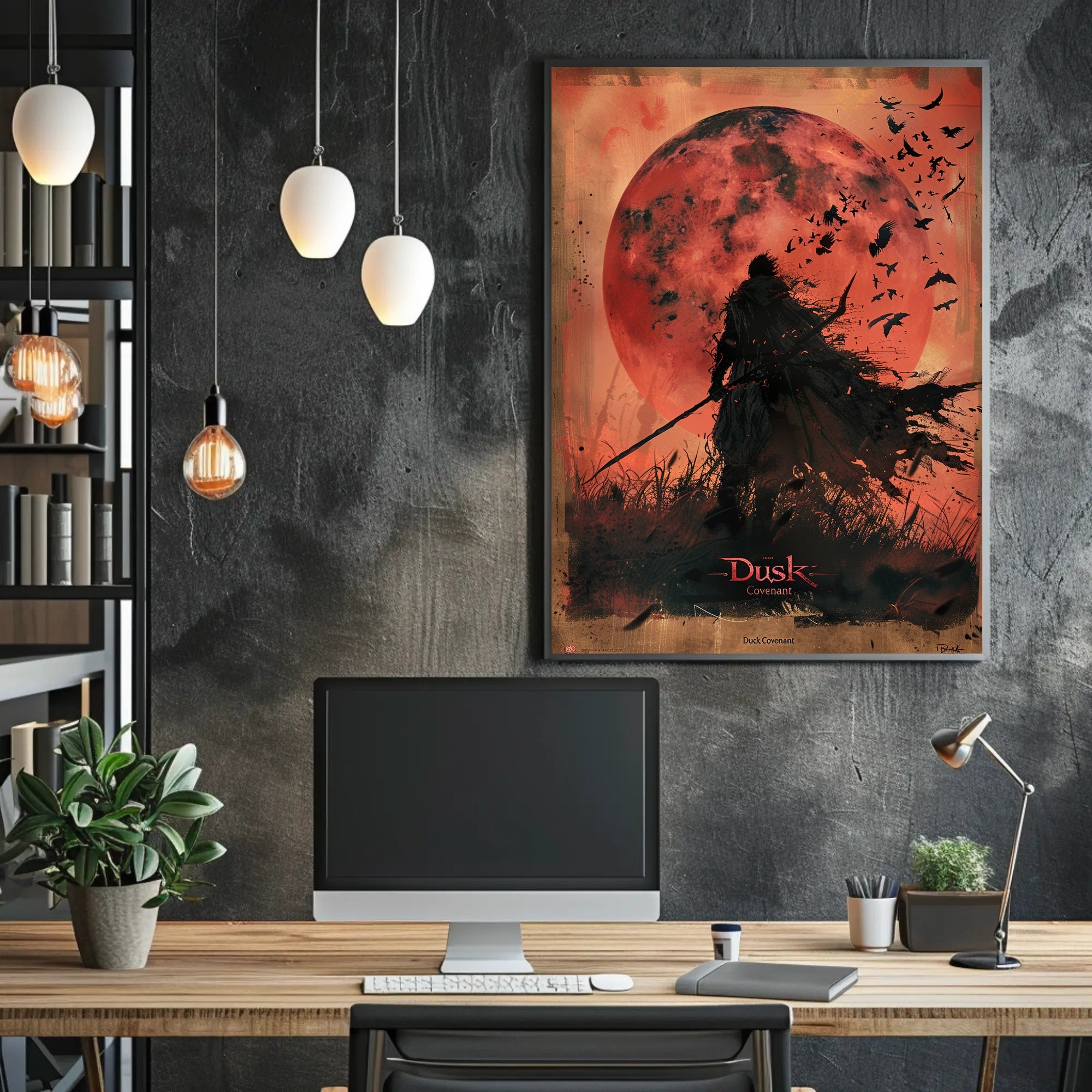 Silhouetted Warrior Against Red Moon Fantasy or Mythology Poster PosterGoat