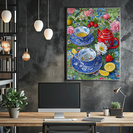 Vibrant Floral Tea Scene Poster with Artistic Poster PosterGoat