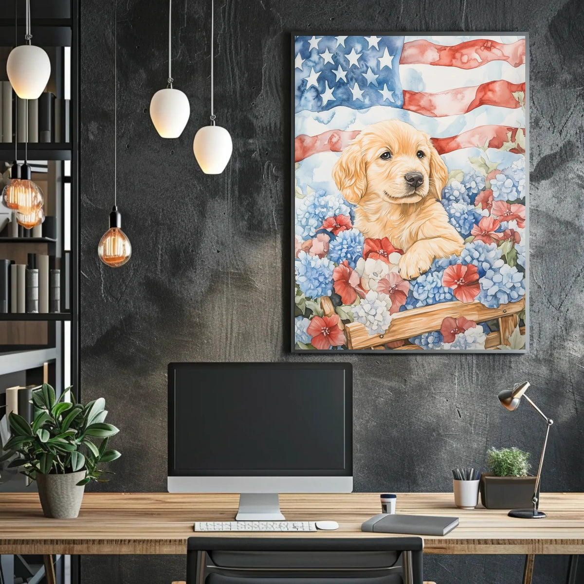 Golden Retriever Puppy In Wagon With American Flags Poster