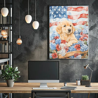 Golden Retriever Puppy In Wagon With American Flags Poster
