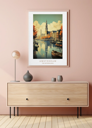 Amsterdam Netherlands Canal Autumn Reflections Travel Poster