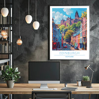 Edinburgh Street Scene with Castle Travel Poster