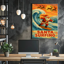 Santa Surfing Vintage Holiday Beach Art Poster