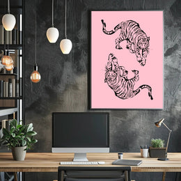 Stylized Black Ink Tigers on Pink Artistic Poster PosterGoat