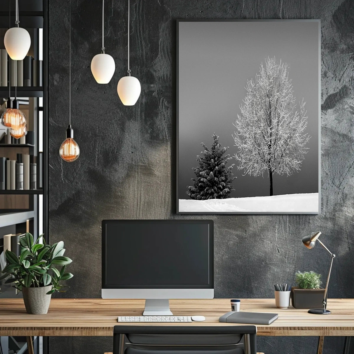 Serene Winter Landscape: Minimalist Black and White Artistic Poster