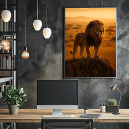 Majestic Lion in Golden Savannah Animal Poster