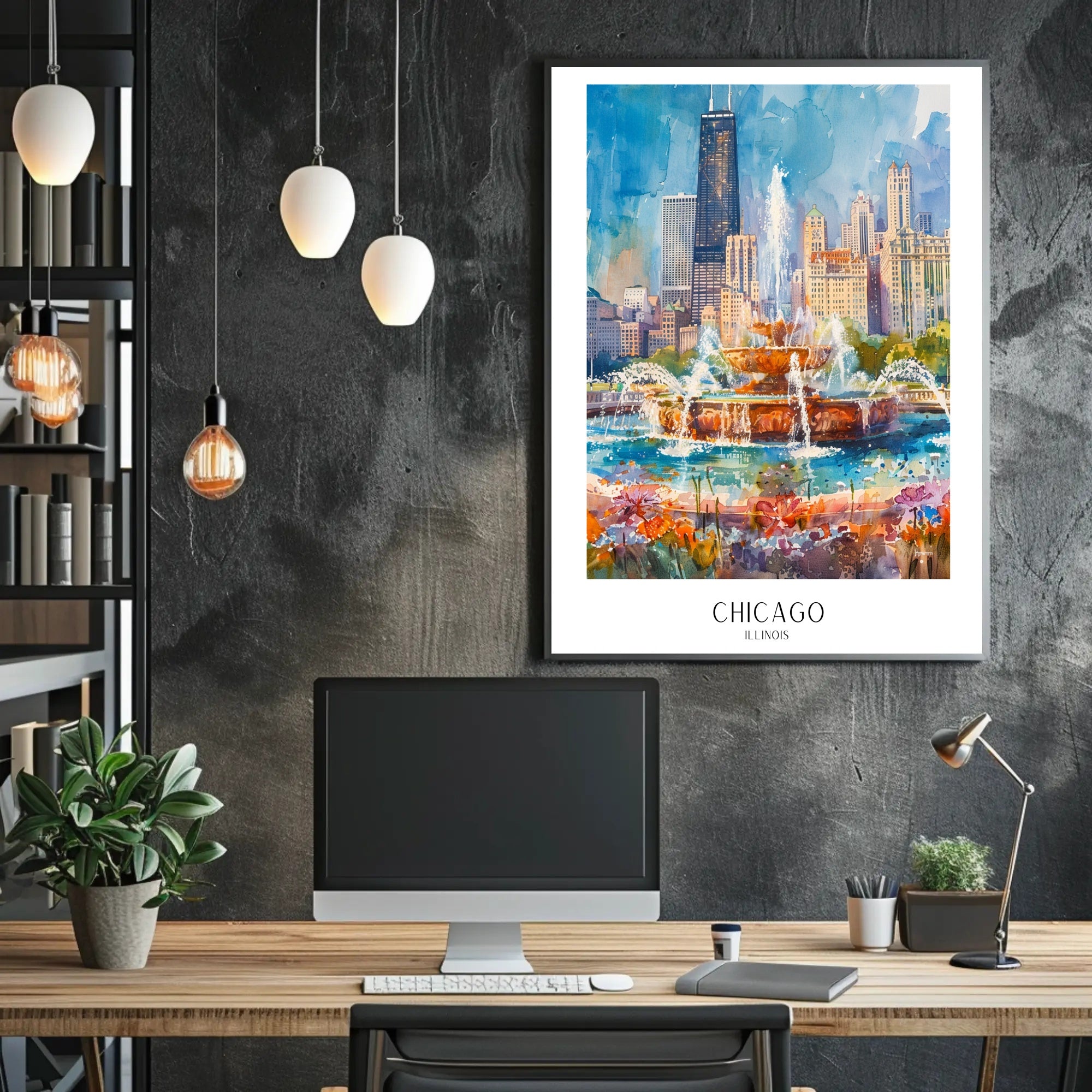 Vibrant Chicago Skyline Watercolor Urban or Cityscape Poster PosterGoat