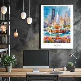 Vibrant Chicago Skyline Watercolor Urban or Cityscape Poster PosterGoat