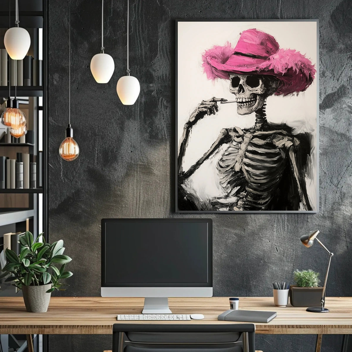 Skeleton in Pink Hat Macabre Whimsical Painterly Poster