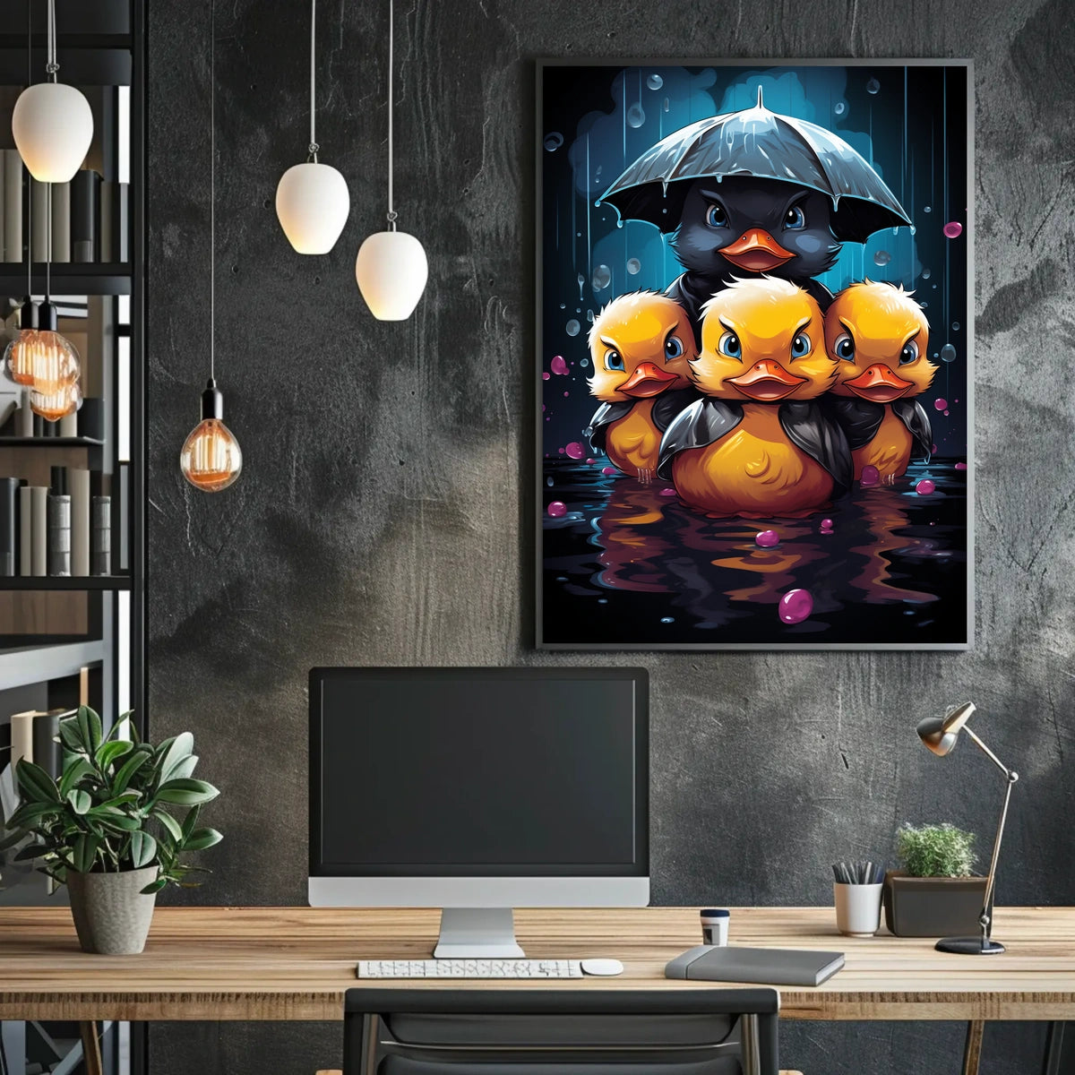 Ducklings in Rainstorm: Whimsical Family Art Poster