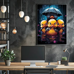 Ducklings in Rainstorm: Whimsical Family Art Poster