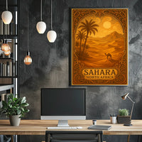 Sahara Sunset Vintage Travel Desert Camel Journey Art Deco Retro Eighties Poster