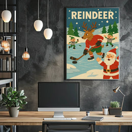 Festive Reindeer Ice Hockey Holiday Sports Poster
