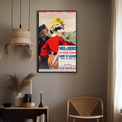 Paris To London Seaside View Couple Vintage Travel Poster