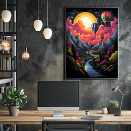Vibrant Surreal Landscape Poster with Hot Air Balloons