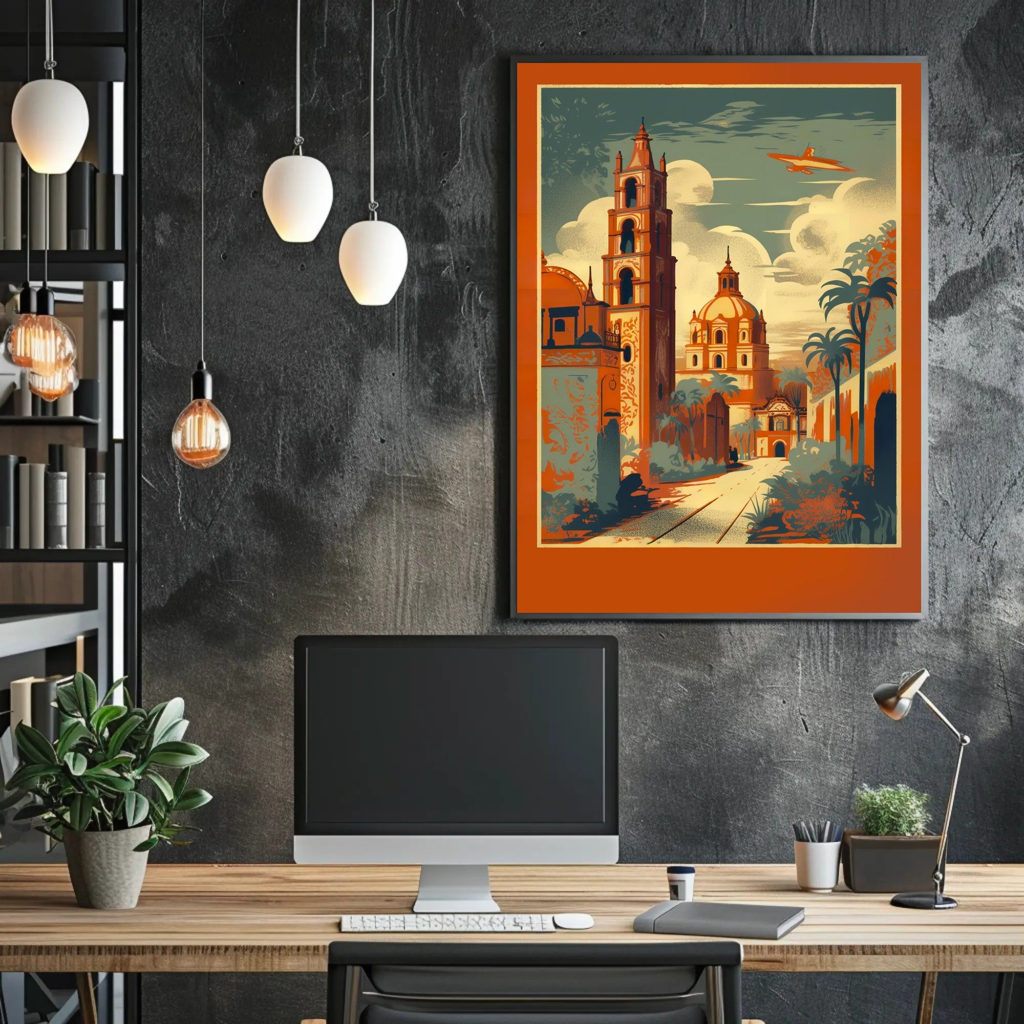 Vibrant Cityscape with Soaring Plane Poster