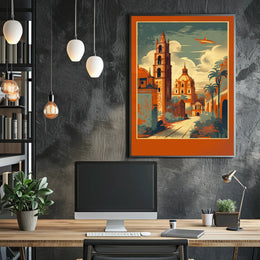 Vibrant Cityscape with Soaring Plane Poster