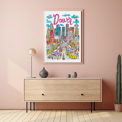 Denver Colorado Cityscape Mountain Backdrop Travel Poster