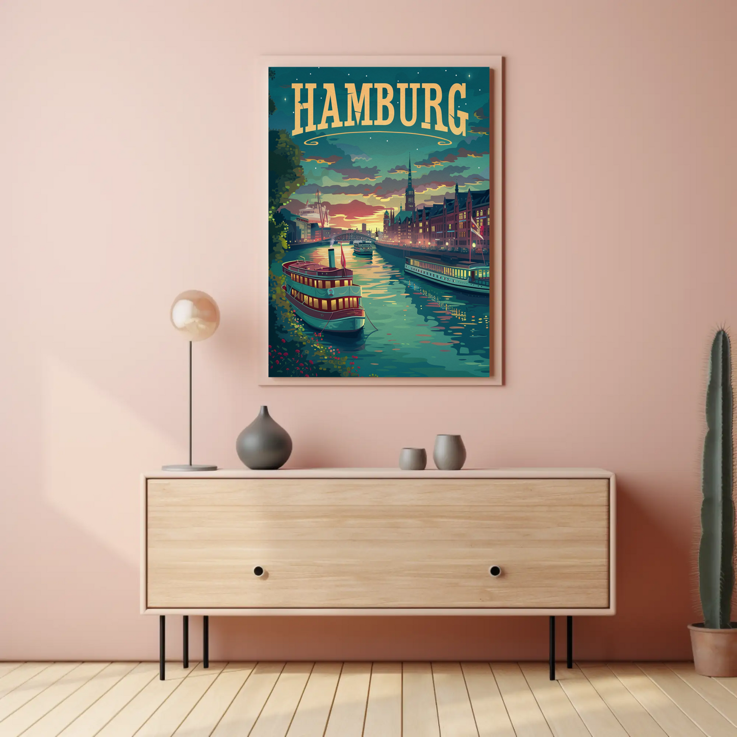 Hamburg Riverfront Twilight Travel Poster