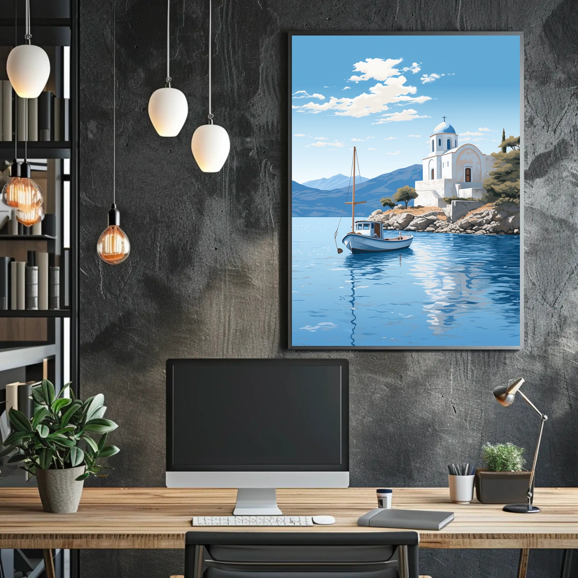 Mediterranean Coastal Serenity Greece Illustration - Travel Poster