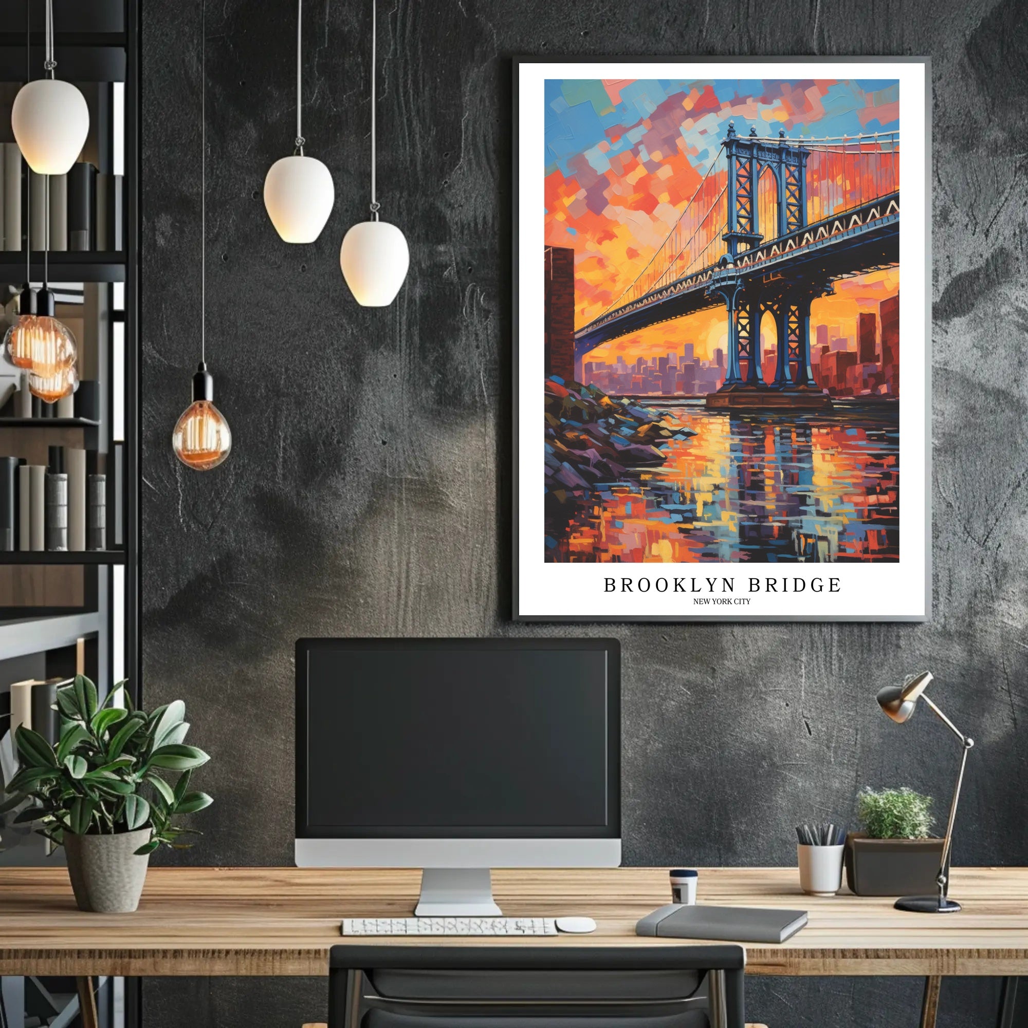 Brooklyn Bridge Sunset Urban Cityscape Painting Poster PosterGoat