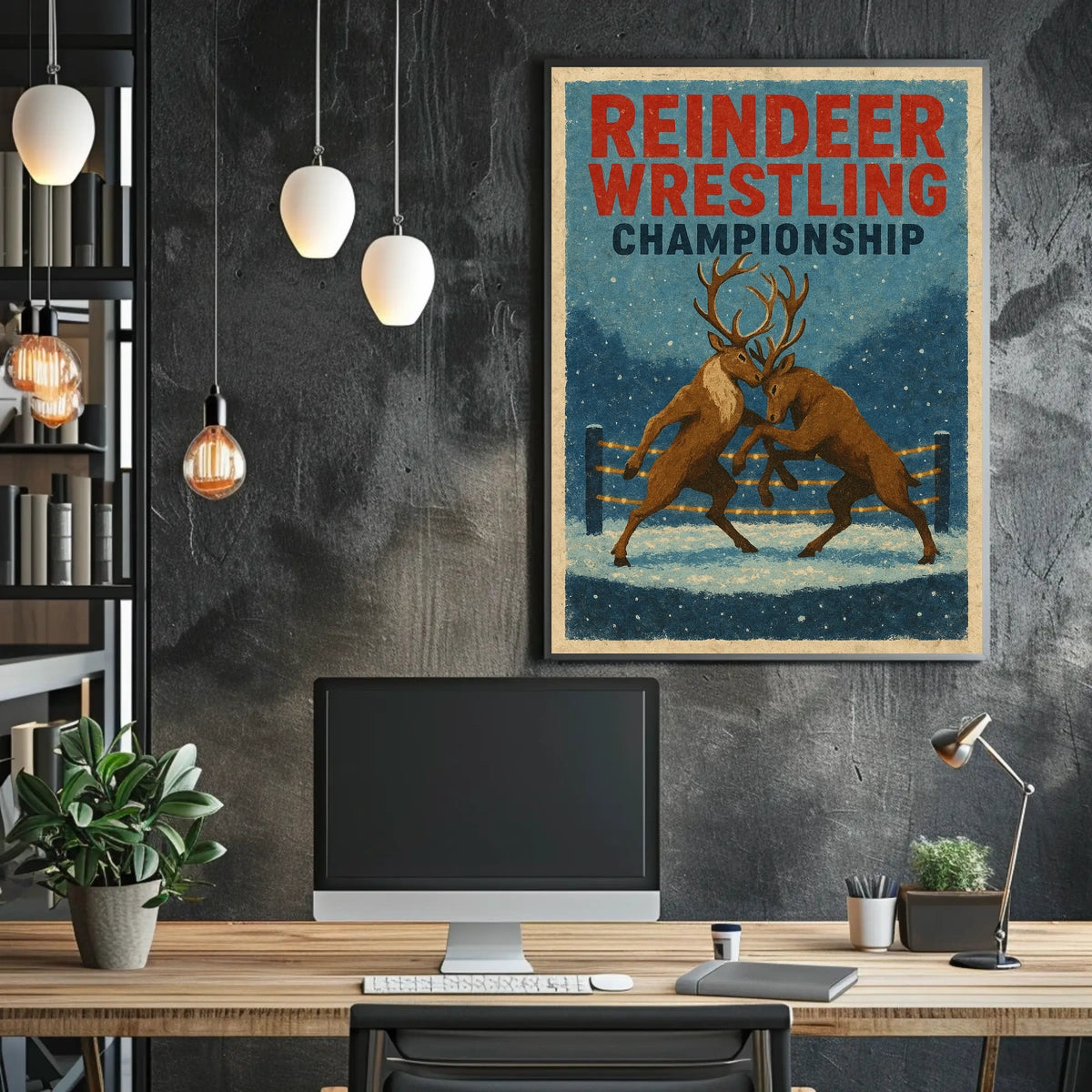 Reindeer Wrestling Championship Vintage Winter Poster