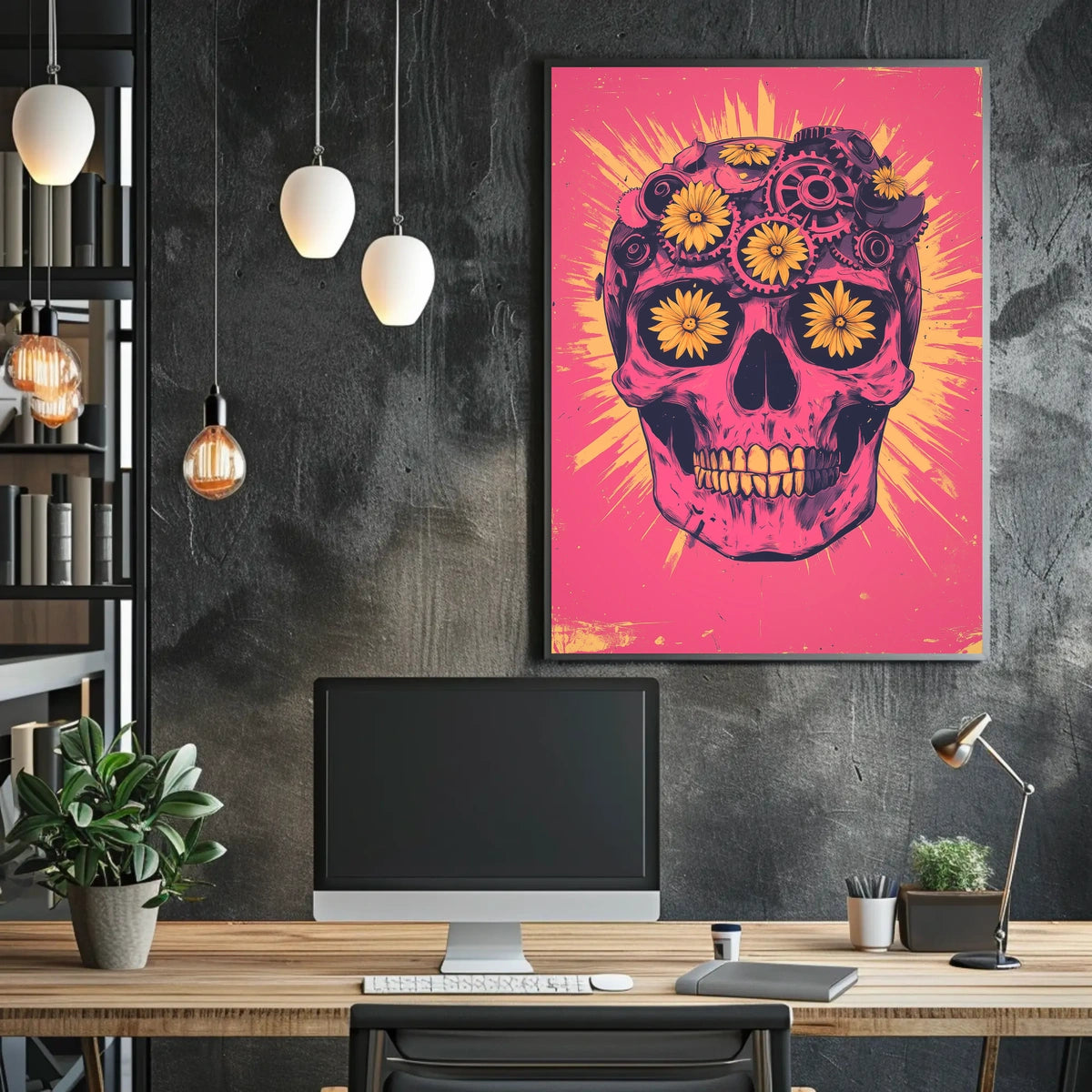 Pink Skull Surreal Flowers Gears Poster