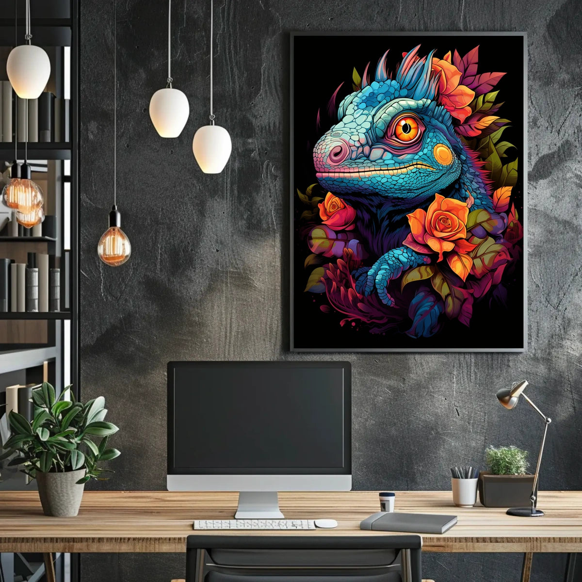 Vibrant Iguana With Roses Poster