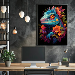 Vibrant Iguana With Roses Poster