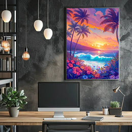 Tropical Sunset Beach Scene Illustrated Poster