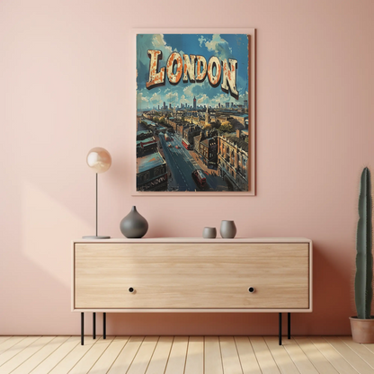 London Rooftop Cityscape Red Bus Skyline Travel Poster